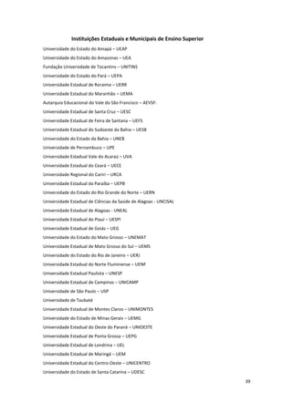 39
Instituições Estaduais e Municipais de Ensino Superior
Universidade do Estado do Amapá – UEAP
Universidade do Estado do Amazonas – UEA
Fundação Universidade de Tocantins – UNITINS
Universidade do Estado do Pará – UEPA
Universidade Estadual de Roraima – UERR
Universidade Estadual do Maranhão – UEMA
Autarquia Educacional do Vale do São Francisco – AEVSF:
Universidade Estadual de Santa Cruz – UESC
Universidade Estadual de Feira de Santana – UEFS
Universidade Estadual do Sudoeste da Bahia – UESB
Universidade do Estado da Bahia – UNEB
Universidade de Pernambuco – UPE
Universidade Estadual Vale do Acaraú – UVA
Universidade Estadual do Ceará – UECE
Universidade Regional do Cariri – URCA
Universidade Estadual da Paraíba – UEPB
Universidade do Estado do Rio Grande do Norte – UERN
Universidade Estadual de Ciências da Saúde de Alagoas - UNCISAL
Universidade Estadual de Alagoas - UNEAL
Universidade Estadual do Piauí – UESPI
Universidade Estadual de Goiás – UEG
Universidade do Estado do Mato Grosso – UNEMAT
Universidade Estadual de Mato Grosso do Sul – UEMS
Universidade do Estado do Rio de Janeiro – UERJ
Universidade Estadual do Norte Fluminense – UENF
Universidade Estadual Paulista – UNESP
Universidade Estadual de Campinas – UNICAMP
Universidade de São Paulo – USP
Universidade de Taubaté
Universidade Estadual de Montes Claros – UNIMONTES
Universidade do Estado de Minas Gerais – UEMG
Universidade Estadual do Oeste do Paraná – UNIOESTE
Universidade Estadual de Ponta Grossa – UEPG
Universidade Estadual de Londrina – UEL
Universidade Estadual de Maringá – UEM
Universidade Estadual do Centro-Oeste – UNICENTRO
Universidade do Estado de Santa Catarina – UDESC
 