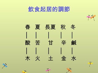 飲食起居的調節

春   夏 長夏 秋   冬
│   │ │  │   │
酸   苦 甘 辛    鹹
│   │ │  │   │
木   火 土 金    水
 