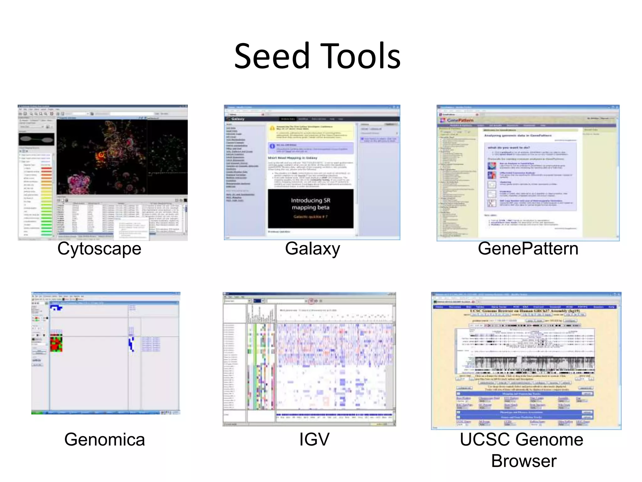 Seed Tools



Cytoscape      Galaxy     GenePattern




Genomica        IGV      UCSC Genome
                           Browser
 