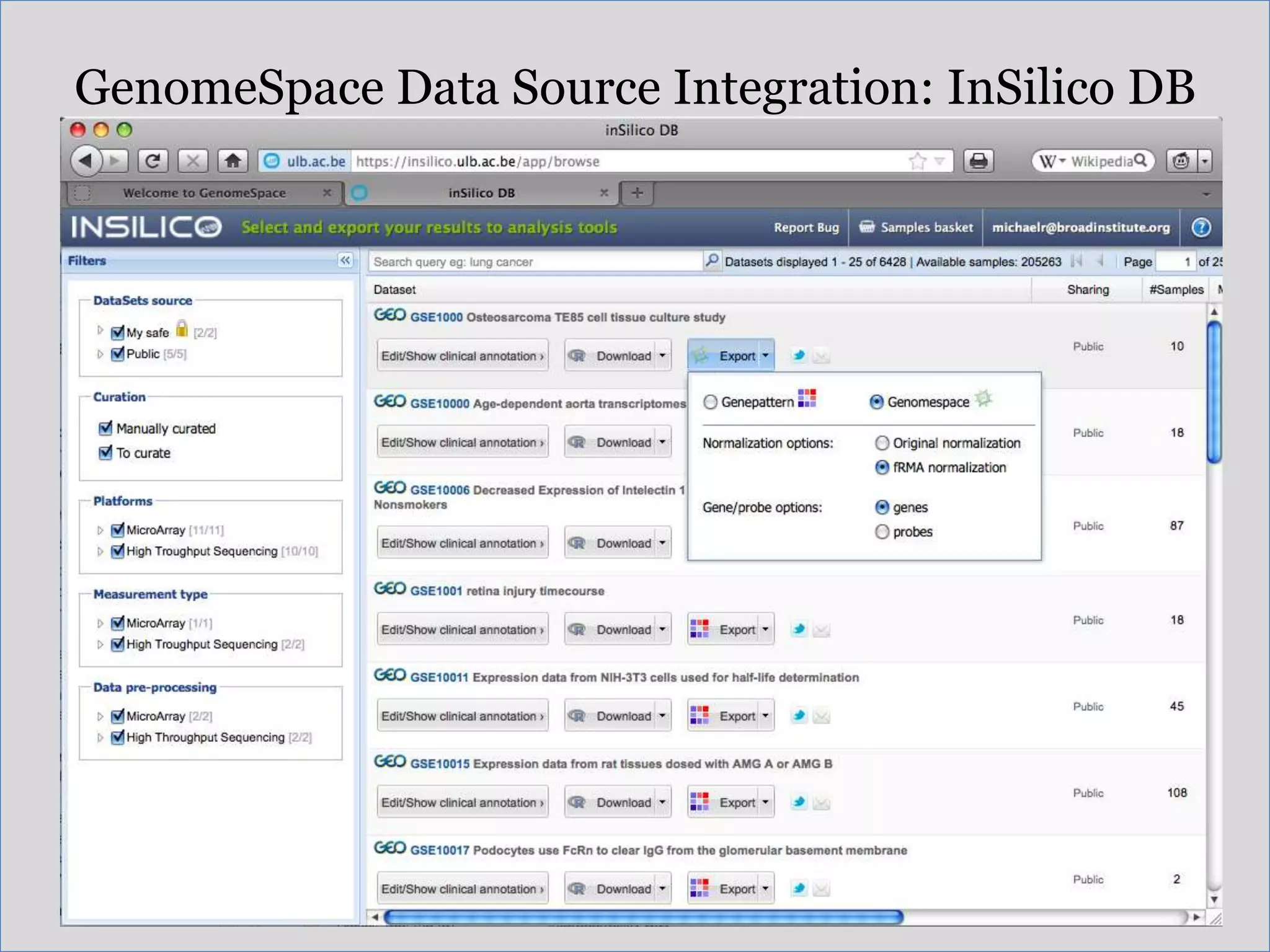 GenomeSpace Data Source Integration: InSilico DB
 