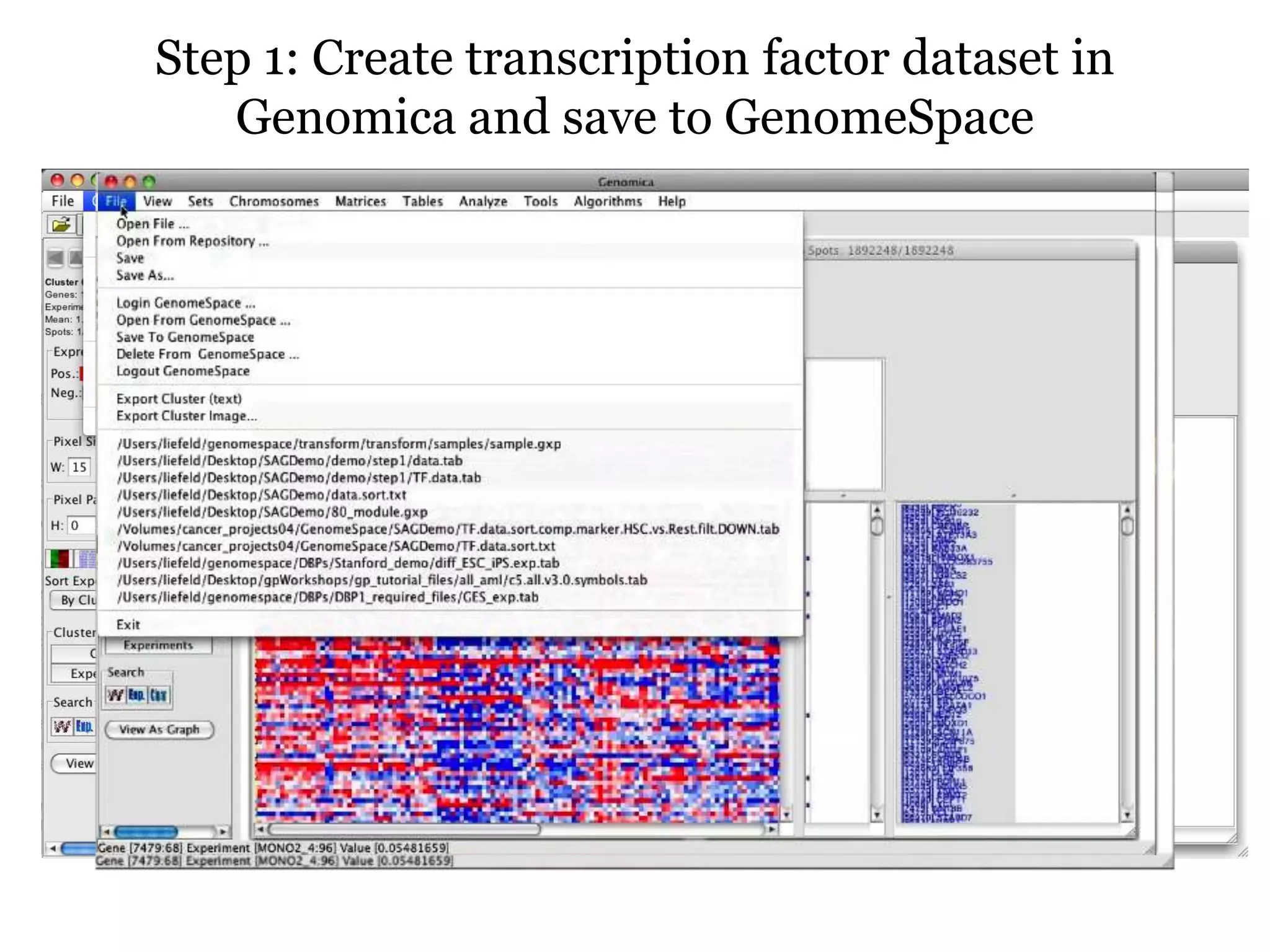 Step 1: Create transcription factor dataset in
   Genomica and save to GenomeSpace
 