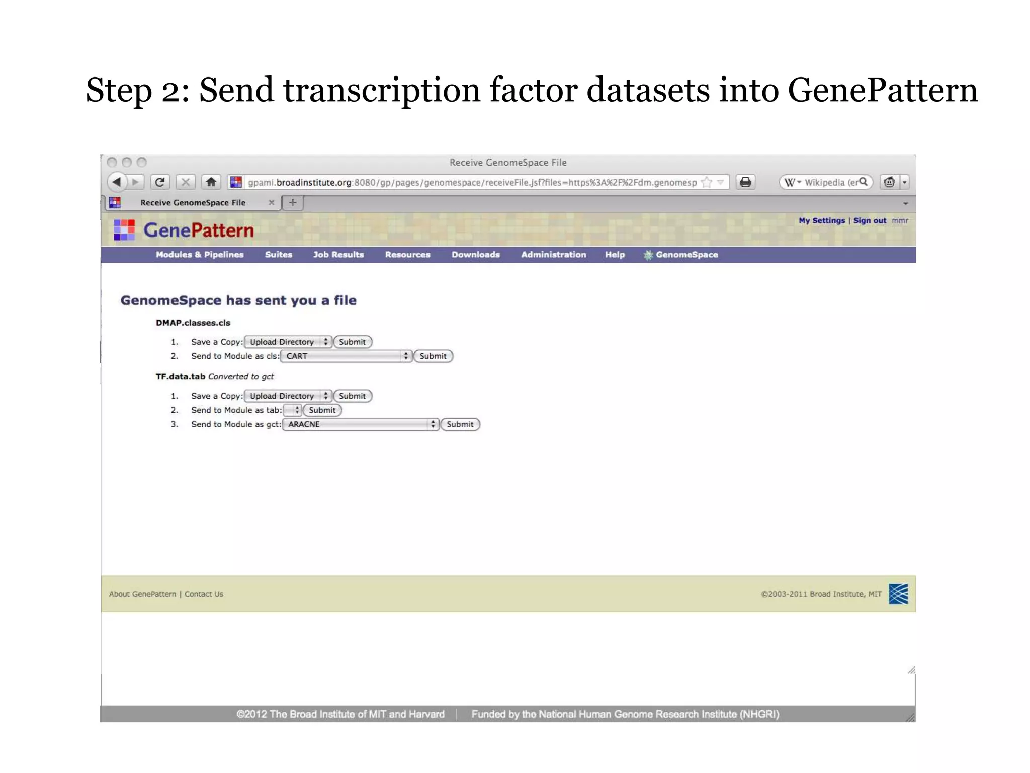 Step 2: Send transcription factor datasets into GenePattern
 