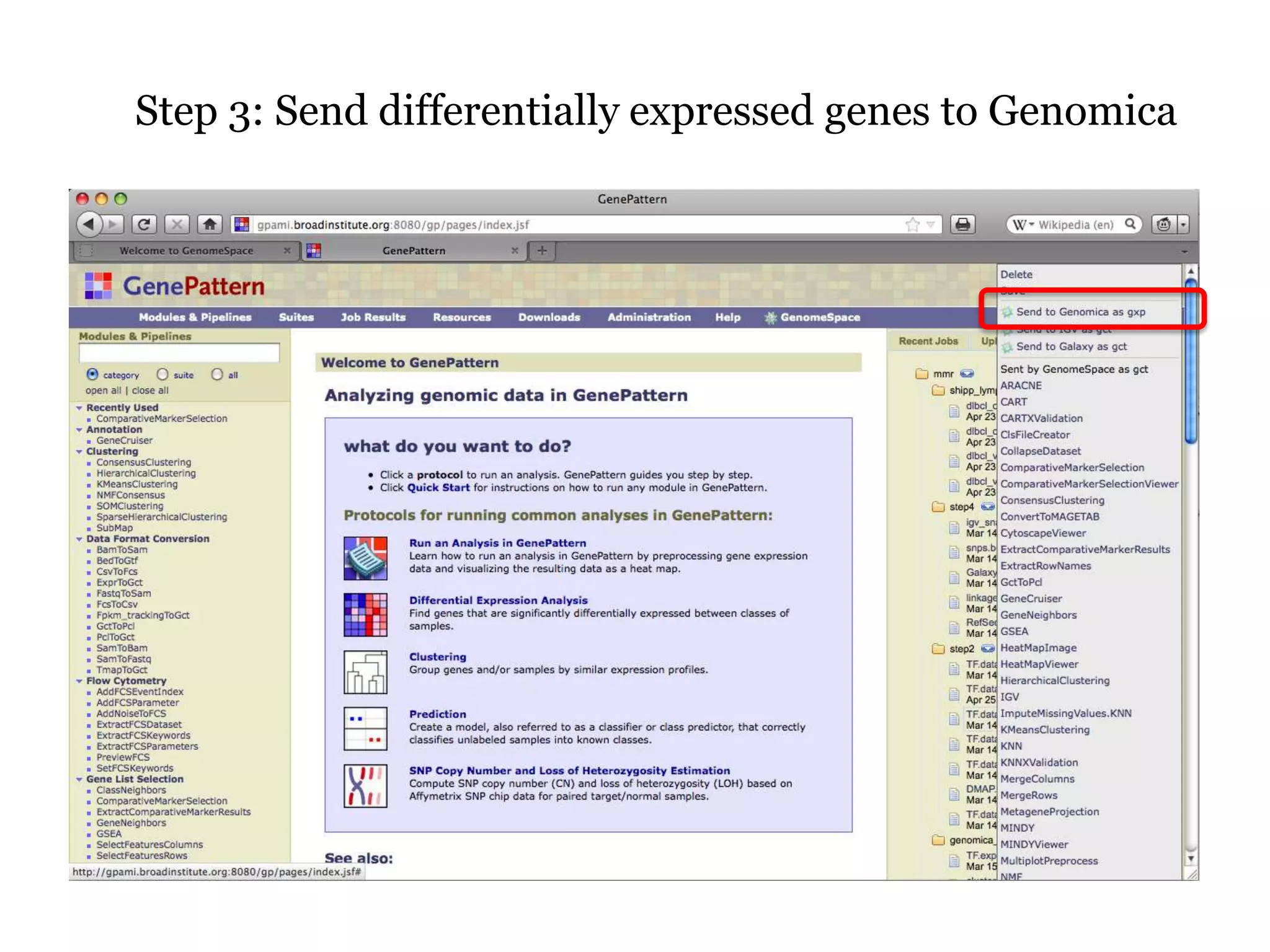 Step 3: Send differentially expressed genes to Genomica
 