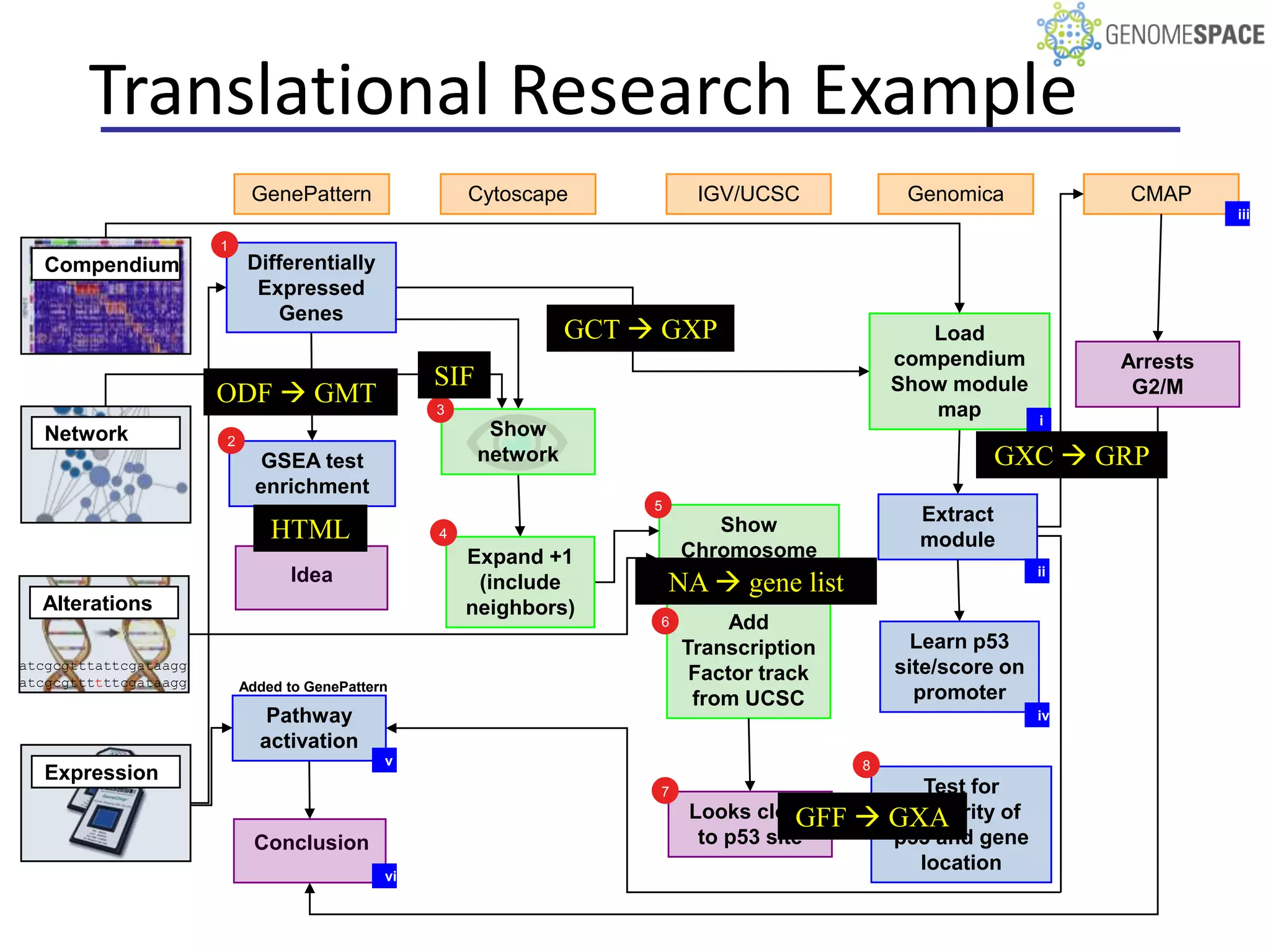 Translational Research Example
                            GenePattern                Cytoscape              IGV/UCSC             Genomica             CMAP
                                                                                                                                  iii

                       1
   Compendium               Differentially
                             Expressed
                               Genes
                                                                   GCT  GXP                         Load
                                                                                                  compendium            Arrests
                                                   SIF                                            Show module
                       ODF  GMT                                                                                         G2/M
                                                   3                                                 map           i
   Network             2
                                                          Show
                              GSEA test                  network                                            GXC  GRP
                             enrichment
                                                                        5
                                                                                                     Extract
                               HTML                4                           Show
                                                                                                     module
                                                       Expand +1            Chromosome
                                                                            NA  gene list
                                 Idea                                                                              ii
                                                        (include
  Alterations                                          neighbors)
                                                                        6         Add
                                                                             Transcription          Learn p53
atcgcgtttattcgataagg                                                                              site/score on
atcgcgttttttcgataagg                                                          Factor track
                           Added to GenePattern
                                                                              from UCSC             promoter
                              Pathway                                                                              iv
                             activation
                                              v                                               8
   Expression
                                                                        7                            Test for
                                                                             Looks closeGFF       similarity of
                                                                                                  GXA
                             Conclusion                                       to p53 site         p53 and gene
                                                                                                     location
                                              vi
 