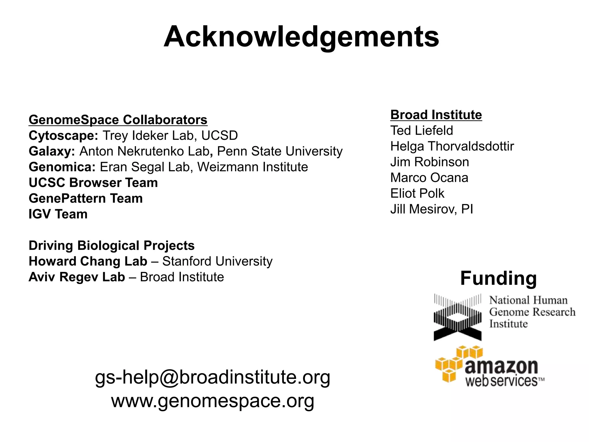 Acknowledgements

GenomeSpace Collaborators                             Broad Institute
Cytoscape: Trey Ideker Lab, UCSD                      Ted Liefeld
Galaxy: Anton Nekrutenko Lab, Penn State University   Helga Thorvaldsdottir
Genomica: Eran Segal Lab, Weizmann Institute          Jim Robinson
UCSC Browser Team                                     Marco Ocana
GenePattern Team                                      Eliot Polk
IGV Team                                              Jill Mesirov, PI

Driving Biological Projects
Howard Chang Lab – Stanford University
Aviv Regev Lab – Broad Institute                                 Funding




          gs-help@broadinstitute.org
            www.genomespace.org
 
