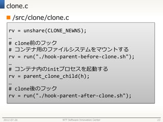 clone.c
  /src/clone/clone.c
   rv = unshare(CLONE_NEWNS);
   …
   # clone前のフック
   # コンテナ用のファイルシステムをマウントする
   rv = run("./hook-parent-before-clone.sh");
   …
   # コンテナ内のinitプロセスを起動する
   rv = parent_clone_child(h);
   …
   # clone後のフック
   rv = run("./hook-parent-after-clone.sh");



2012-07-26          NTT Software Innovation Center   23
 