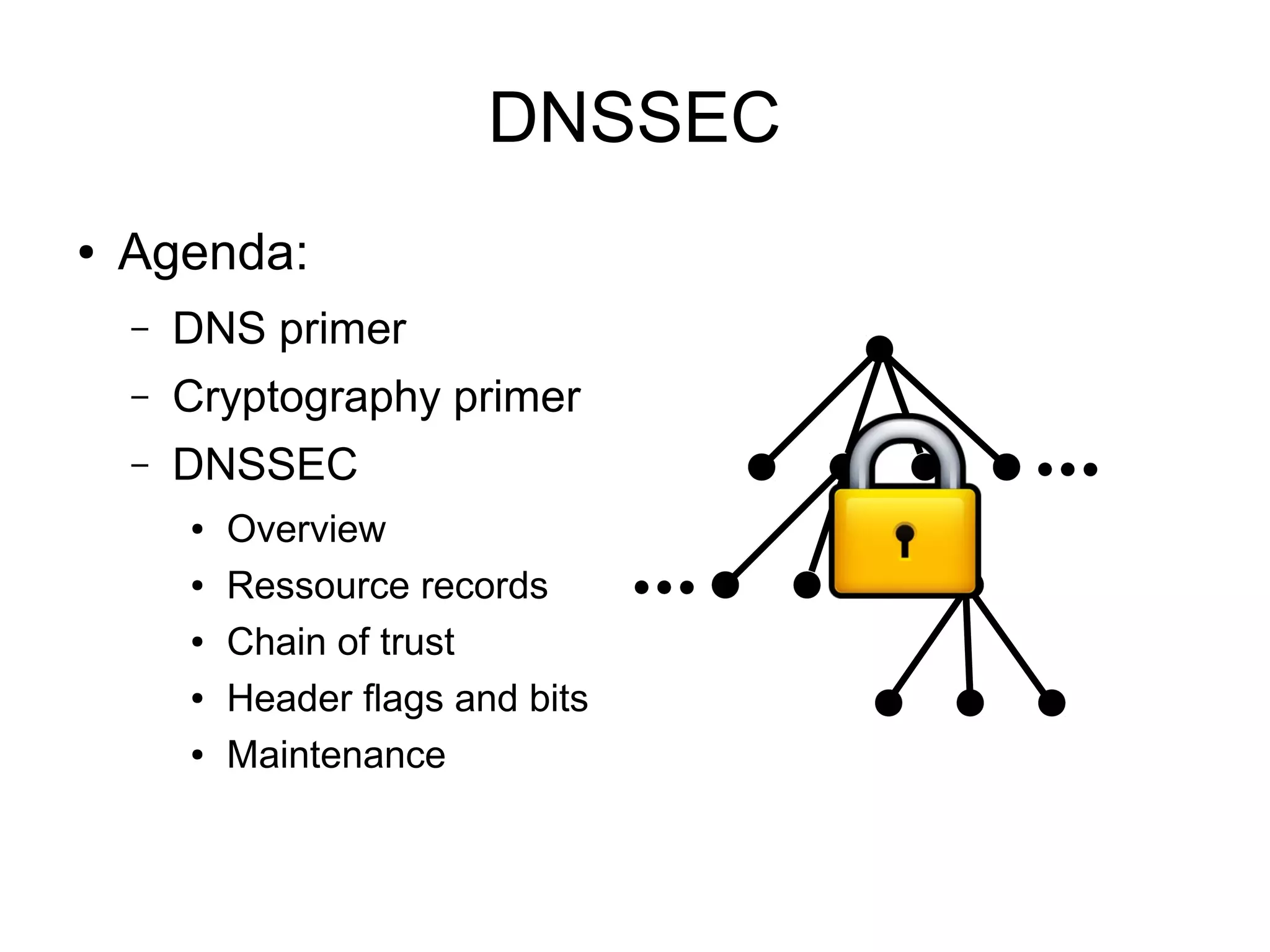 DNSSEC
●   Agenda:
    –   DNS primer
    –   Cryptography primer
    –   DNSSEC
        ●   Overview
        ●   Ressource records
        ●   Chain of trust
        ●   Header flags and bits
        ●   Maintenance
 