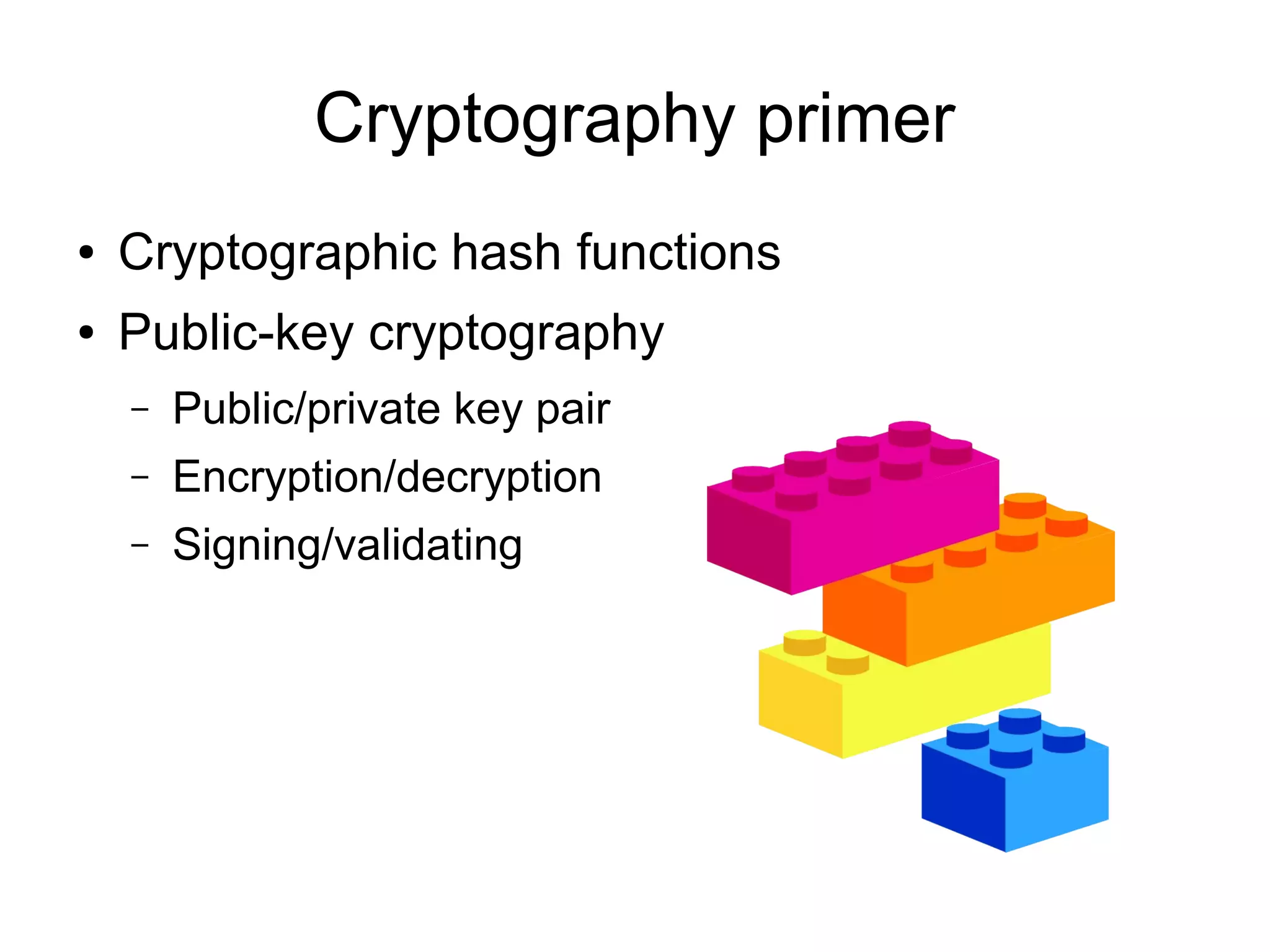 Cryptography primer
●   Cryptographic hash functions
●   Public-key cryptography
    –   Public/private key pair
    –   Encryption/decryption
    –   Signing/validating
 