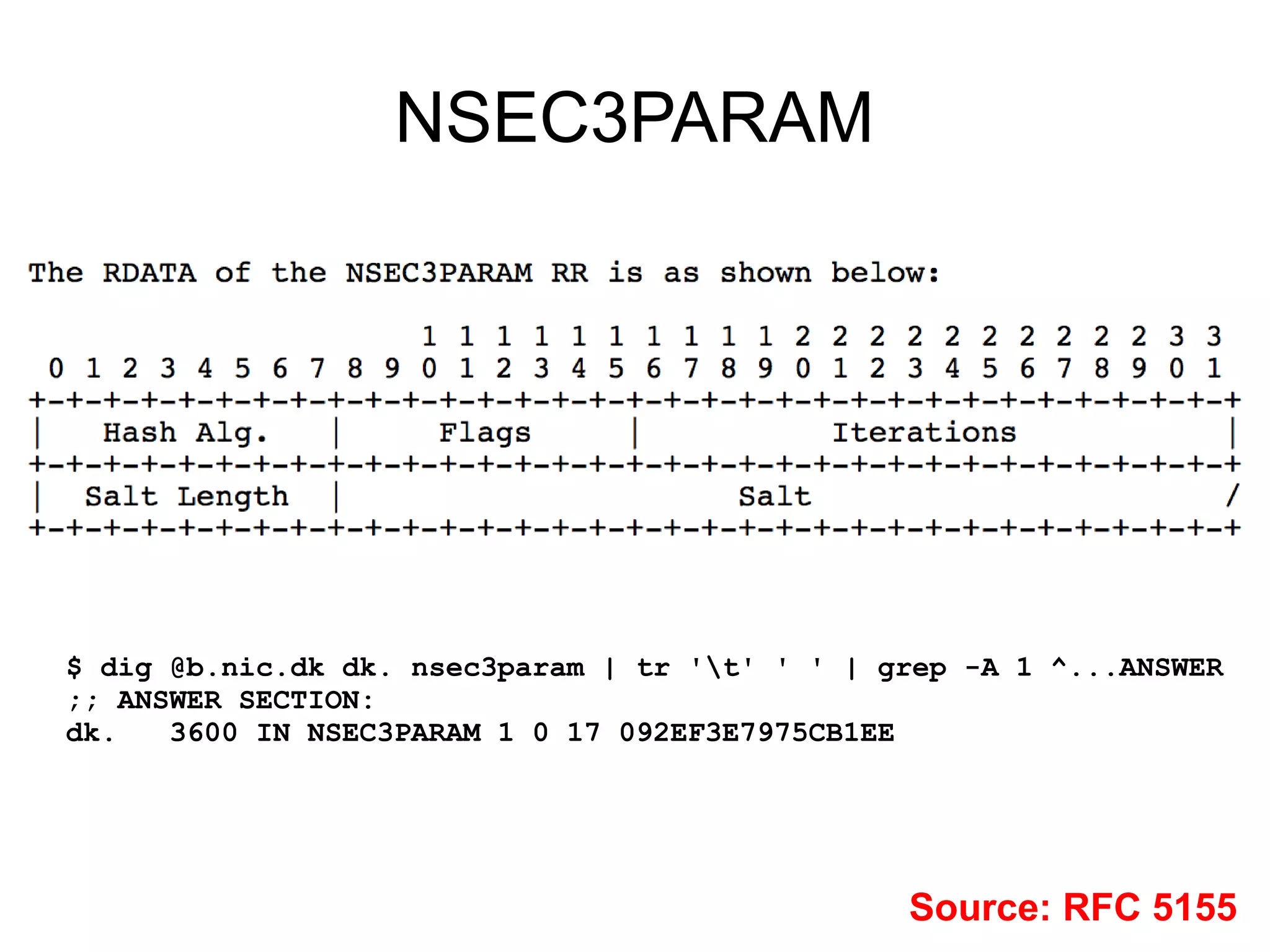 NSEC3PARAM




$ dig @b.nic.dk dk. nsec3param | tr 't' ' ' | grep -A 1 ^...ANSWER
;; ANSWER SECTION:
dk.   3600 IN NSEC3PARAM 1 0 17 092EF3E7975CB1EE




                                                Source: RFC 5155
 