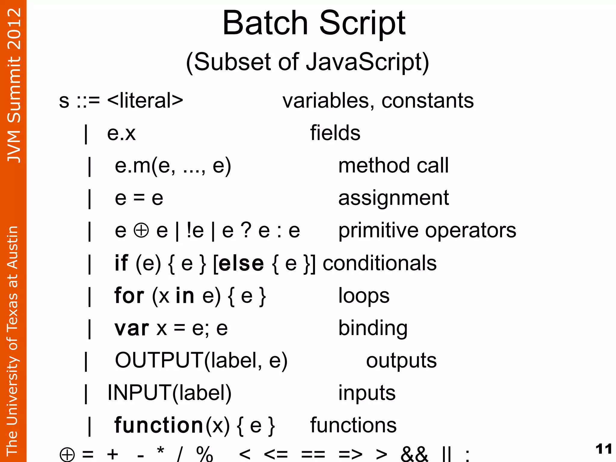 JVM Summit 2012
                                                      Batch Script
                                                  (Subset of JavaScript)
                                    s ::= <literal>           variables, constants
                                       | e.x                     fields
                                        | e.m(e, ..., e)             method call
                                        | e=e                        assignment
                                        | e ⊕ e | !e | e ? e : e     primitive operators
The University of Texas at Austin




                                      |    if (e) { e } [else { e }] conditionals
                                      |    for (x in e) { e }         loops
                                      |    var x = e; e               binding
                                     |     OUTPUT(label, e)              outputs
                                     |    INPUT(label)                inputs
                                      |    function(x) { e }       functions
                                                                                           11
                                    ⊕=    + - * / % < <= == => > && || ;
 