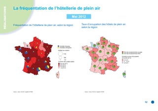 RÉALISATIONS
               La fréquentation de l’hôtellerie de plein air
                                                                                     Mai 2012

               Fréquentation de l’hôtellerie de plein air, selon la région                 Taux d’occupation des hôtels de plein air,
                                                                                           selon la région




                                                             Clientèle française
                                                             Clientèles étrangères

                                                           Nuitées (en milliers)
                                                                                                                                        Part des emplacements occupés
                                                                   1 100                                                                Part des emplacements libres

                                                                                                                                     Evolution du taux d'occupation
                                                                     550                                                             (en points de %)
                                                                     110                                                                 2,5 à 5
                                                           Evolution des nuitées totales                                                 0 à 2,5
                                                                                                                                        -2,5 à 0
                                                              Plus de 30 %
                                                              20 à 30 %
                                                              10 à 20 %
                                                               0 à 10 %




               Source : Insee, DGCIS, enquête EFHPA.                                         Source : Insee, DGCIS, enquête EFHPA.




                                                                                                                                                                        52
 