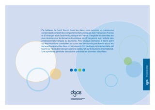 Ce tableau de bord fournit tous les deux mois environ un panorama
conjoncturel complet des comportements touristiques des Français en France
et à l’étranger et de l’activité touristique en France. Il exploite les données les
plus récentes sur la demande touristique des Français et sur l’activité des
professionnels français du tourisme. Pour chaque domaine, il fait le point
sur les évolutions constatées au cours des deux mois précédents et sur les
perspectives pour les deux mois suivants. Un cadrage complémentaire est
fourni sur l’évolution des prix dans le secteur et sur le tourisme international.
Une synthèse générale descriptive précède les données détaillées.




                                                                                      TOURISME
 