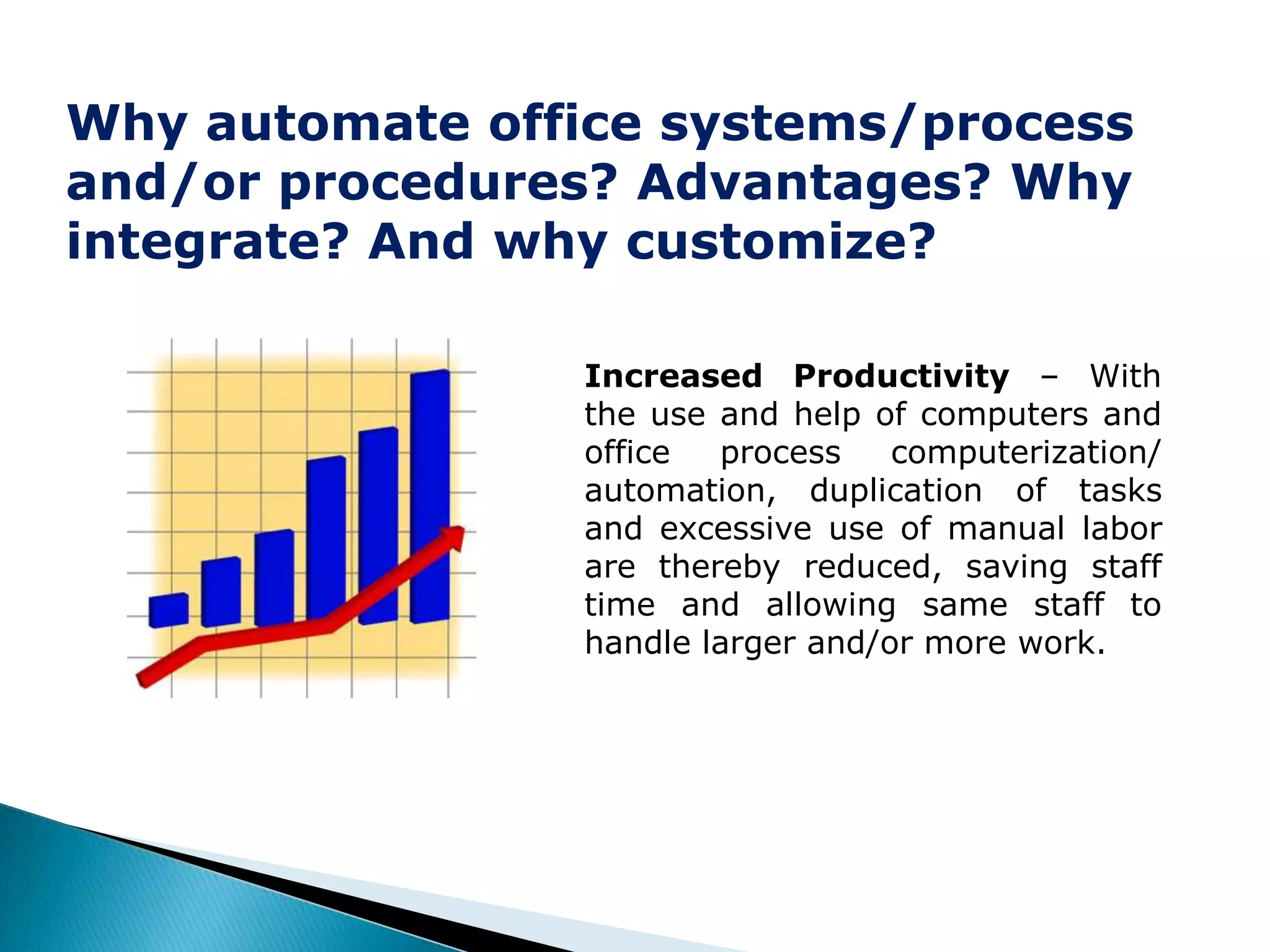 Why automate office systems/process
and/or procedures? Advantages? Why
integrate? And why customize?

                Increased Productivity – With
                the use and help of computers and
                office  process    computerization/
                automation, duplication of tasks
                and excessive use of manual labor
                are thereby reduced, saving staff
                time and allowing same staff to
                handle larger and/or more work.
 