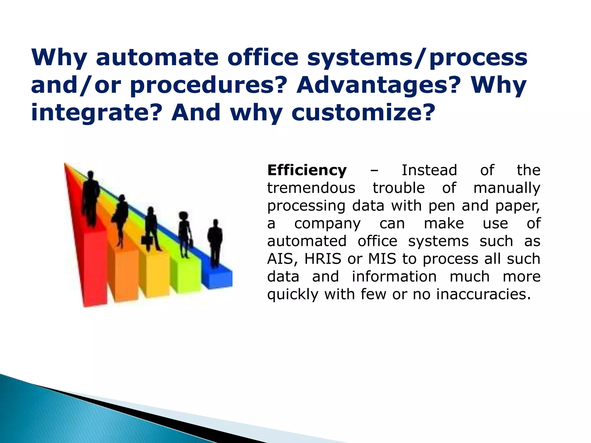 Why automate office systems/process
and/or procedures? Advantages? Why
integrate? And why customize?

                Efficiency    –   Instead    of   the
                tremendous trouble of manually
                processing data with pen and paper,
                a company can make use of
                automated office systems such as
                AIS, HRIS or MIS to process all such
                data and information much more
                quickly with few or no inaccuracies.
 