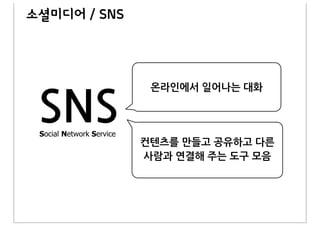 소셜미디어 / SNS




 SNS
                           온라인에서&일어나는&대화



 Social Network Service
                          컨텐츠를&만들고&공유하고&다른&
                          사람과&연결해&주는&도구&모음&
 
