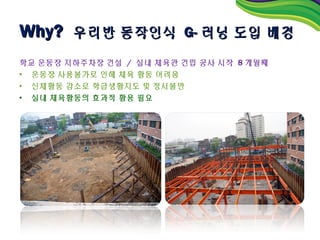 Why? 우리반 동작인식 G- 러닝 도입 배경
학교 운동장 지하주차장 건설 / 실내 체육관 건립 공사 시작 8 개월째
• 운동장 사용불가로 인해 체육 활동 어려움
• 신체활동 감소로 학급생활지도 및 정서불만
• 실내 체육활동의 효과적 활용 필요
 