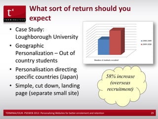 What sort of return should you
                    expect
   • Case Study:
     Loughborough University
   • Geographic
     Personalization – Out of
     country students
   • Personalisation directing
     specific countries (Japan)
   • Simple, cut down, landing
     page (separate small site)


TERMINALFOUR- PSEWEB 2012: Personalizing Websites for better enrolement and retention   29
 