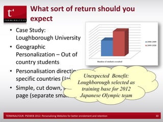 What sort of return should you
                    expect
   • Case Study:
     Loughborough University
   • Geographic
     Personalization – Out of
     country students
   • Personalisation directing
     specific countries (Japan)
   • Simple, cut down, landing
     page (separate small site)


TERMINALFOUR- PSEWEB 2012: Personalizing Websites for better enrolement and retention   30
 