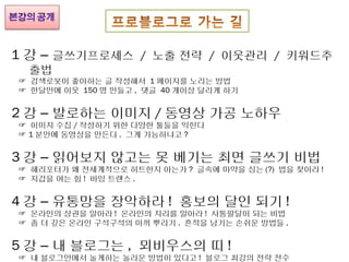 1 강 – 글쓰기프로세스 / 노출 전략 / 이웃관리 / 키워드추
 출법
☞ 검색로봇이 좋아하는 글 작성해서 1 페이지를 노리는 방법
☞ 한달만에 이웃 150 명 만들고 , 댓글 40 개이상 달리게 하기


2 강 – 발로하는 이미지 / 동영상 가공 노하우
☞ 이미지 수집 / 작성하기 위한 다양한 툴들을 익힌다
☞ 1 분만에 동영상을 만든다 . 그게 가능하냐고 ?


3 강 – 읽어보지 않고는 못 베기는 최면 글쓰기 비법
☞ 해리포터가 왜 전세계적으로 히트한지 아는가 ? 글속에 마약을 심는 (?) 법을 찾아라 !
☞ 지갑을 여는 힘 ! 바잉 트랜스 .


4 강 – 유통망을 장악하라 ! 홍보의 달인 되기 !
☞ 온라인의 상권을 알아라 ! 온라인의 지리를 알아라 ! 사통팔달이 되는 비법
☞ 좀 더 깊은 온라인 구석구석의 미끼 뿌리기 . 흔적을 남기는 손쉬운 방법들 .


5 강 – 내 블로그는 , 뫼비우스의 띠 !
☞ 내 블로그안에서 놀게하는 놀라운 방법이 있다고 ! 블로그 최강의 전략 전수
 