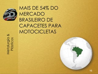 MAIS DE 54% DO
               MERCADO
               BRASILEIRO DE
               CAPACETES PARA
               MOTOCICLETAS
Metalurgia &
 Plásticos




                                16
 