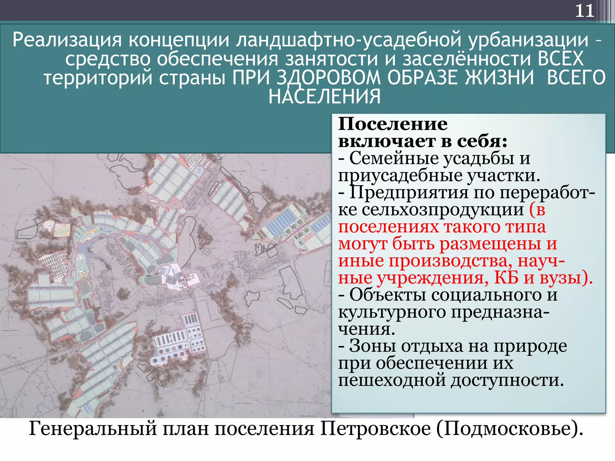 11
Генеральный план поселения Петровское (Подмосковье).
Реализация концепции ландшафтно-усадебной урбанизации –
средство обеспечения занятости и заселённости ВСЕХ
территорий страны ПРИ ЗДОРОВОМ ОБРАЗЕ ЖИЗНИ ВСЕГО
НАСЕЛЕНИЯ
Поселение
включает в себя:
- Семейные усадьбы и
приусадебные участки.
- Предприятия по переработ-
ке сельхозпродукции (в
поселениях такого типа
могут быть размещены и
иные производства, науч-
ные учреждения, КБ и вузы).
- Объекты социального и
культурного предназна-
чения.
- Зоны отдыха на природе
при обеспечении их
пешеходной доступности.
 
