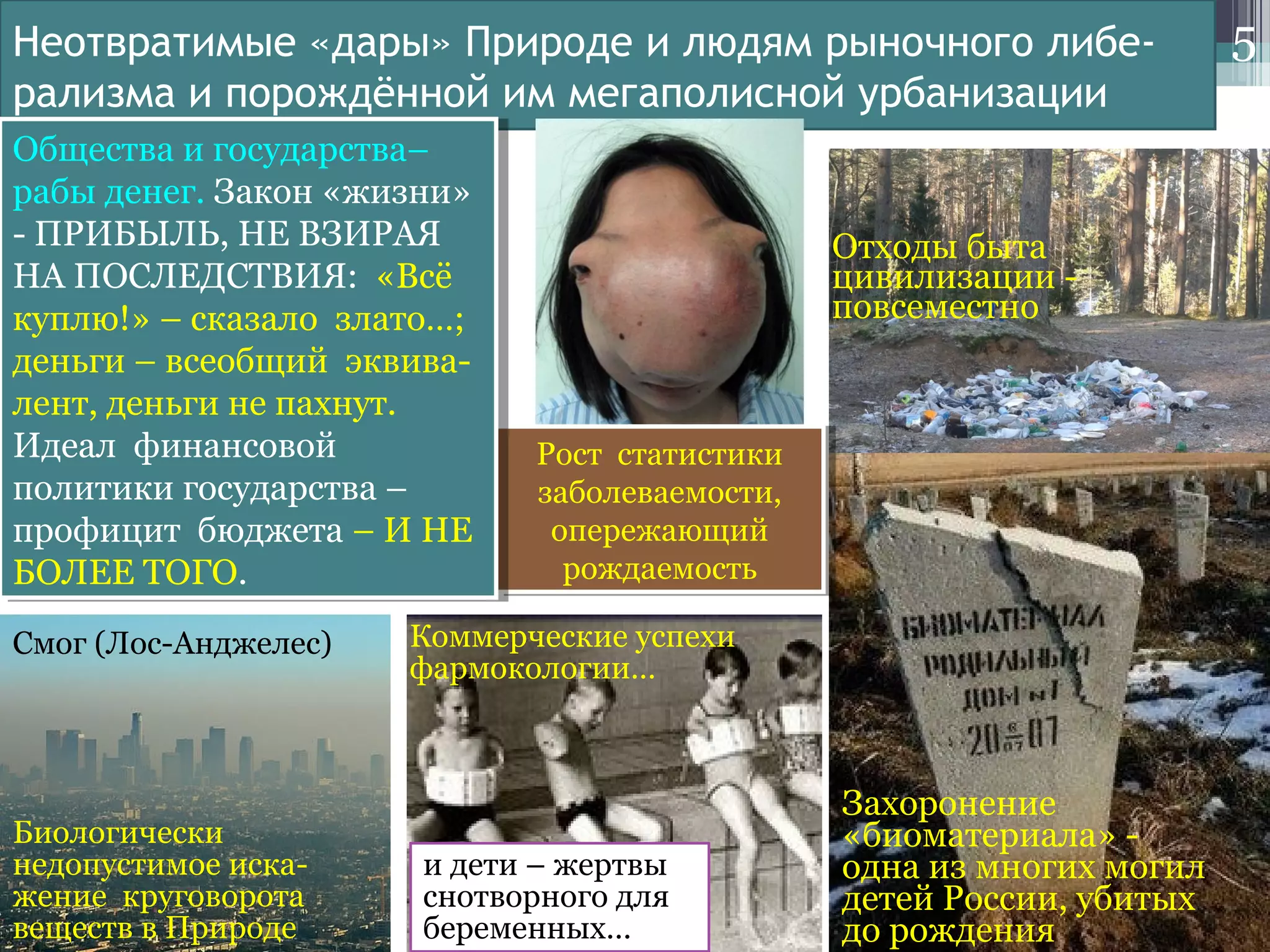 Неотвратимые «дары» Природе и людям рыночного либе-
рализма и порождённой им мегаполисной урбанизации
5
Рост статистики
заболеваемости,
опережающий
рождаемость
Рост статистики
заболеваемости,
опережающий
рождаемость
Отходы быта
цивилизации -
повсеместно
Захоронение
«биоматериала» -
одна из многих могил
детей России, убитых
до рождения
Общества и государства–
рабы денег. Закон «жизни»
- ПРИБЫЛЬ, НЕ ВЗИРАЯ
НА ПОСЛЕДСТВИЯ: «Всё
куплю!» – сказало злато…;
деньги – всеобщий эквива-
лент, деньги не пахнут.
Идеал финансовой
политики государства –
профицит бюджета – И НЕ
БОЛЕЕ ТОГО.
Общества и государства–
рабы денег. Закон «жизни»
- ПРИБЫЛЬ, НЕ ВЗИРАЯ
НА ПОСЛЕДСТВИЯ: «Всё
куплю!» – сказало злато…;
деньги – всеобщий эквива-
лент, деньги не пахнут.
Идеал финансовой
политики государства –
профицит бюджета – И НЕ
БОЛЕЕ ТОГО.
Коммерческие успехи
фармокологии…
и дети – жертвы
снотворного для
беременных…
Биологически
недопустимое иска-
жение круговорота
веществ в Природе
Смог (Лос-Анджелес)
 