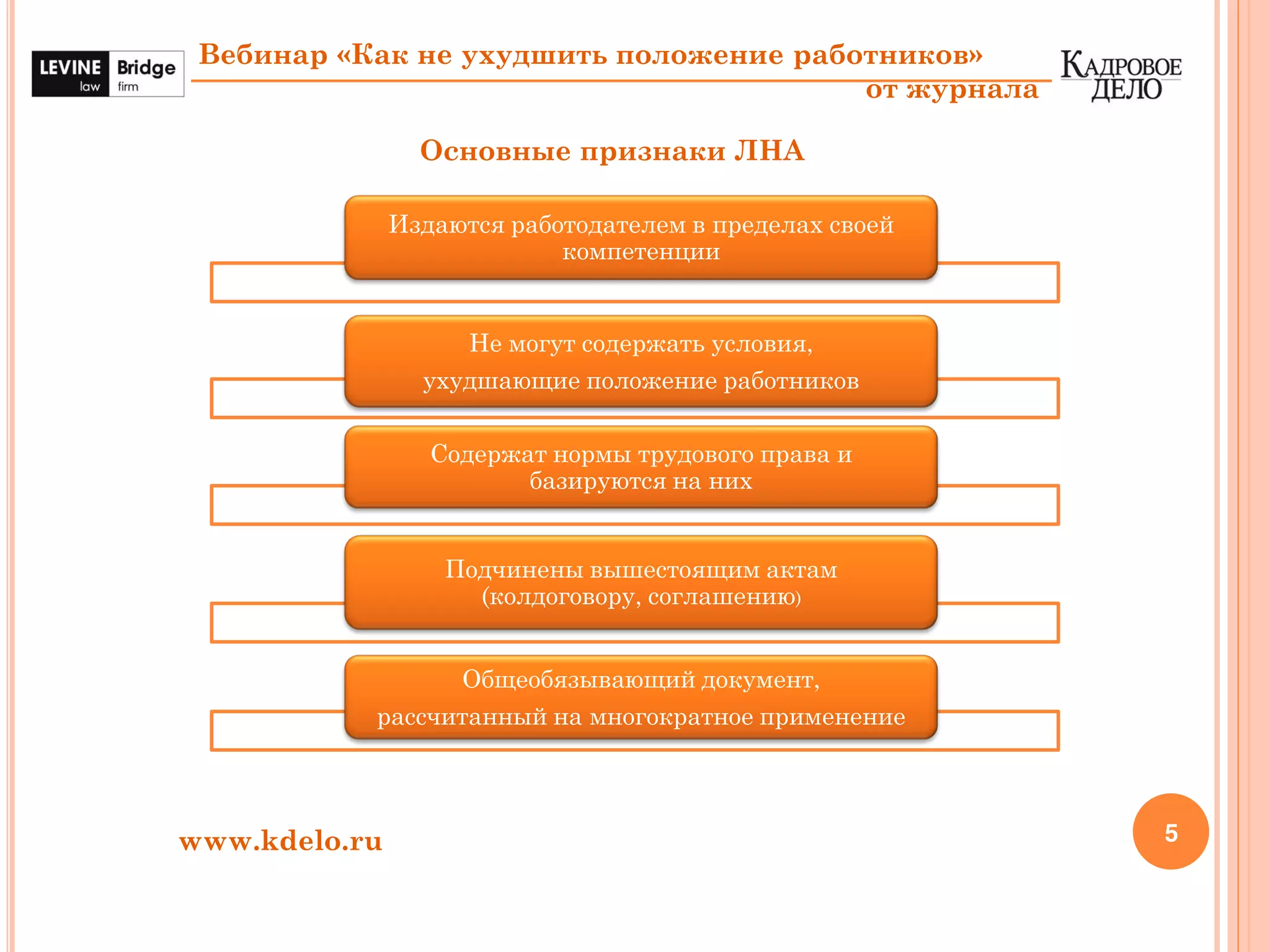 5
Вебинар «Как не ухудшить положение работников»
от журнала
www.kdelo.ru
Основные признаки ЛНА
Издаются работодателем в пределах своей
компетенции
Не могут содержать условия,
ухудшающие положение работников
Содержат нормы трудового права и
базируются на них
Подчинены вышестоящим актам
(колдоговору, соглашению)
Общеобязывающий документ,
рассчитанный на многократное применение
 