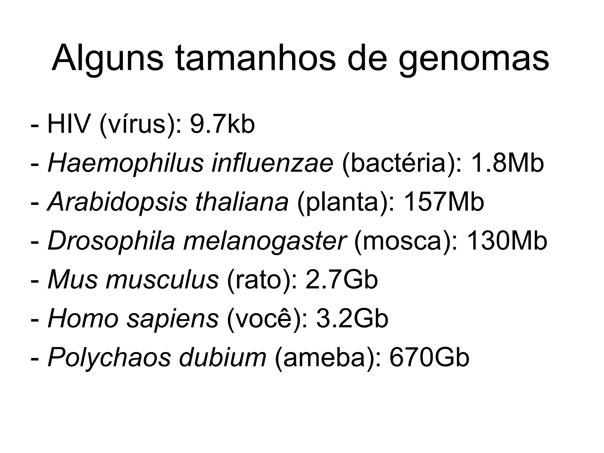 Um pouco de História
    Projeto Genoma Humano
iniciado em 1990 – “concluído” em 2003




                         Hoje (2012): 2 dias
                         para sequenciar
                         Tamanho do genoma
                         completo: ~3GB
 