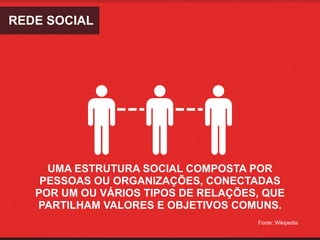 REDE SOCIAL




     UMA ESTRUTURA SOCIAL COMPOSTA POR
    PESSOAS OU ORGANIZAÇÕES, CONECTADAS
   POR UM OU VÁRIOS TIPOS DE RELAÇÕES, QUE
   PARTILHAM VALORES E OBJETIVOS COMUNS.
                                     Fonte: Wikipedia
 