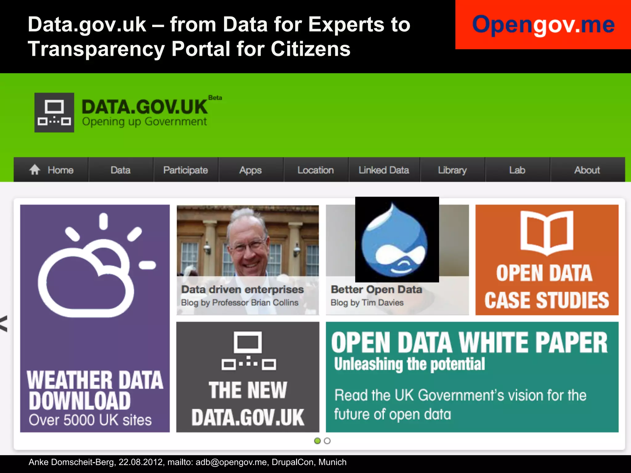 Data.gov.uk – from Data for Experts to
Transparency Portal for Citizens




Anke Domscheit-Berg, 22.08.2012, mailto: adb@opengov.me, DrupalCon, Munich
 