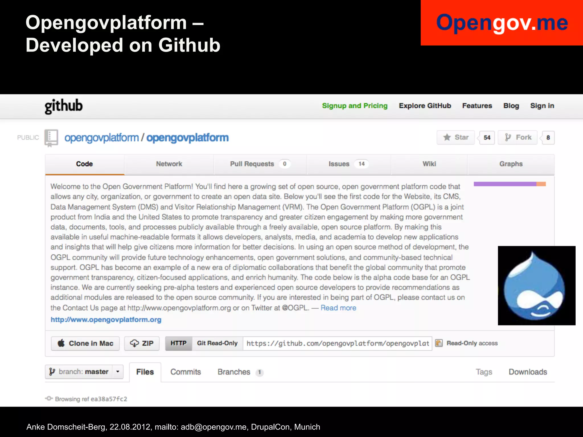 Opengovplatform –
Developed on Github




Anke Domscheit-Berg, 22.08.2012, mailto: adb@opengov.me, DrupalCon, Munich
 