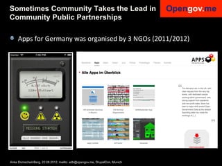 Sometimes Community Takes the Lead in
Community Public Partnerships

!   Apps	
  for	
  Germany	
  was	
  organised	
  by	
  3	
  NGOs	
  (2011/2012)	
  




Anke Domscheit-Berg, 22.08.2012, mailto: adb@opengov.me, DrupalCon, Munich
 