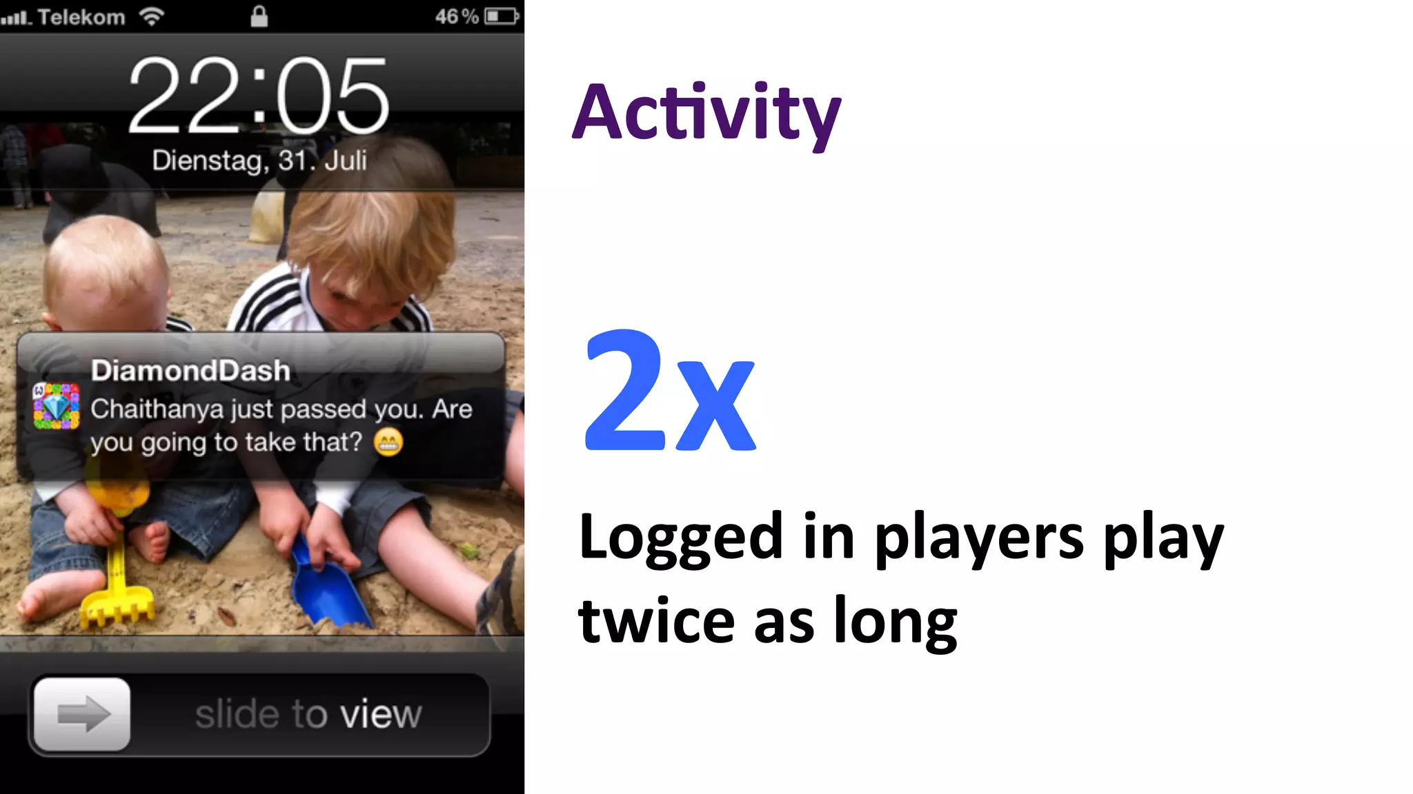 AcPvity	
  


2x
Logged	
  in	
  players	
  play	
  
twice	
  as	
  long	
  
 