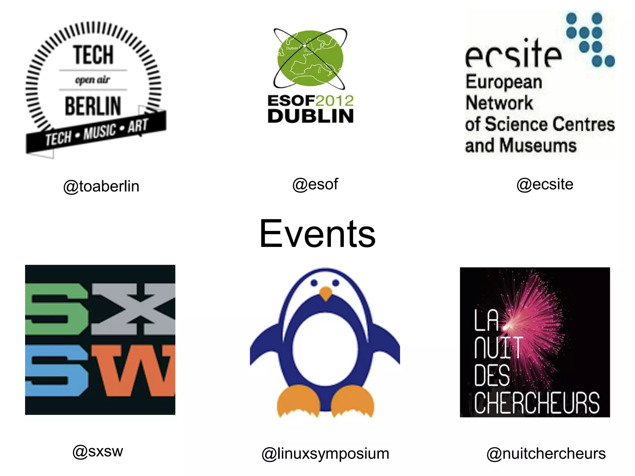 @toaberlin      @esof             @ecsite


             Events




 @sxsw       @linuxsymposium   @nuitchercheurs
 