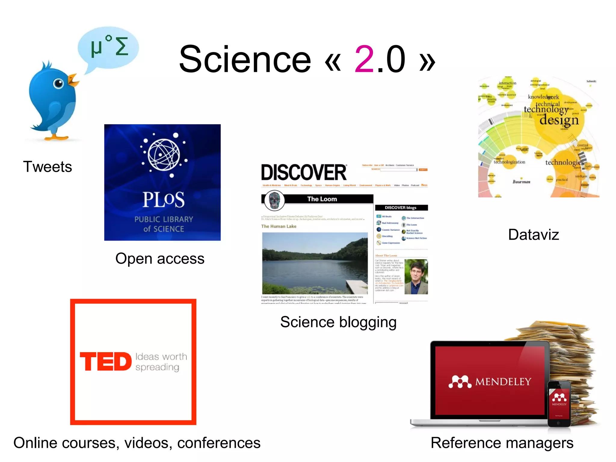 Science « 2.0 »

 Tweets



                                                                  Dataviz
              Open access



                                      Science blogging




Online courses, videos, conferences                      Reference managers
 