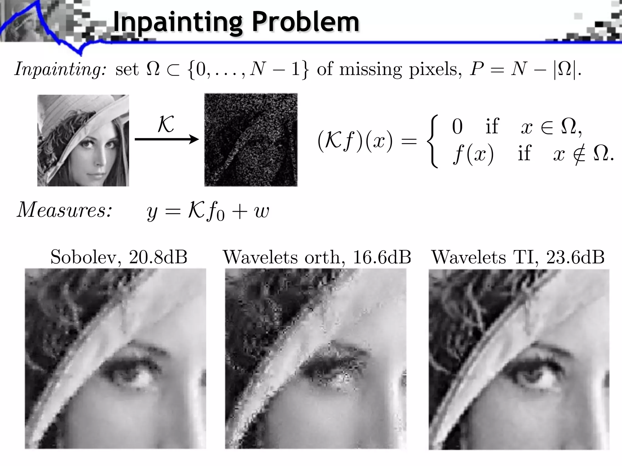 Inpainting Problem


               K                         0 if x     ,
                            (Kf )(x) =
                                         f (x) if x /   .

Measures:     y = Kf0 + w
 