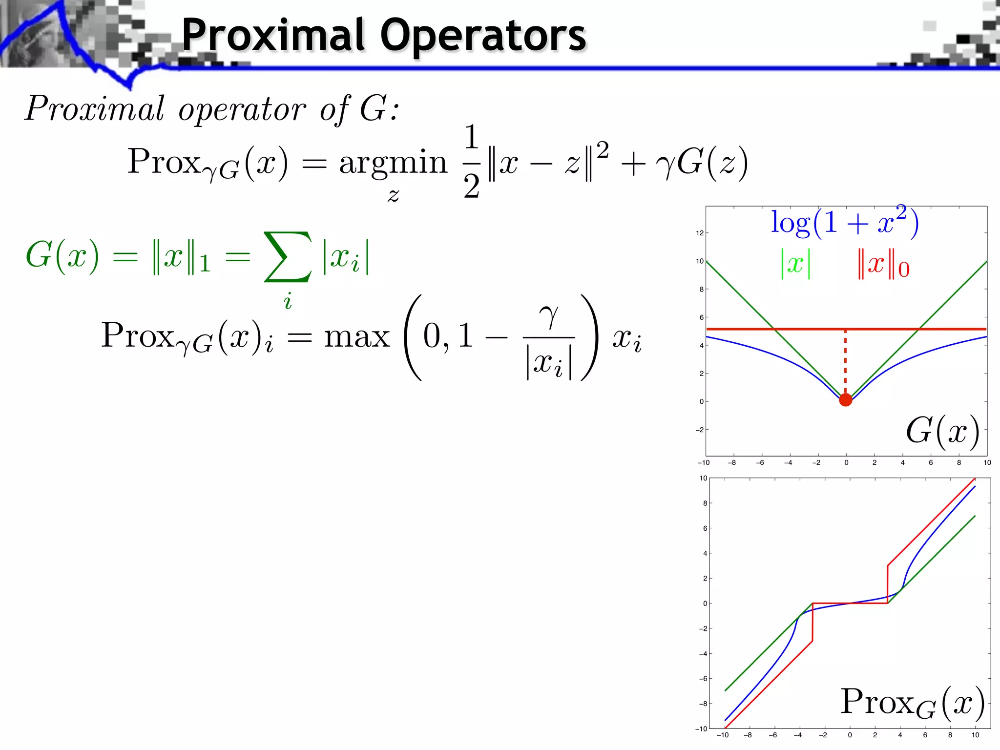 Proximal Operators
Proximal operator of G:
                         1
      Prox G (x) = argmin ||x        z||2 + G(z)
                      z  2
                                               12                     log(1 + x2 )
G(x) = ||x||1 =          |xi |                 10
                                                                       |x| ||x||0
                                                8

                     i
     Prox   G (x)i   = max 0, 1
                                                6


                                          xi    4


                                  |xi |         2


                                                0


                                               −2
                                                                                                       G(x)
                                               −10     −8        −6        −4        −2    0   2   4       6       8        10

                                                10


                                                 8


                                                 6


                                                 4


                                                 2


                                                 0


                                               −2


                                               −4


                                               −6


                                               −8
                                                                                           ProxG (x)
                                               −10
                                                     −10    −8        −6        −4    −2   0   2   4   6       8       10
 