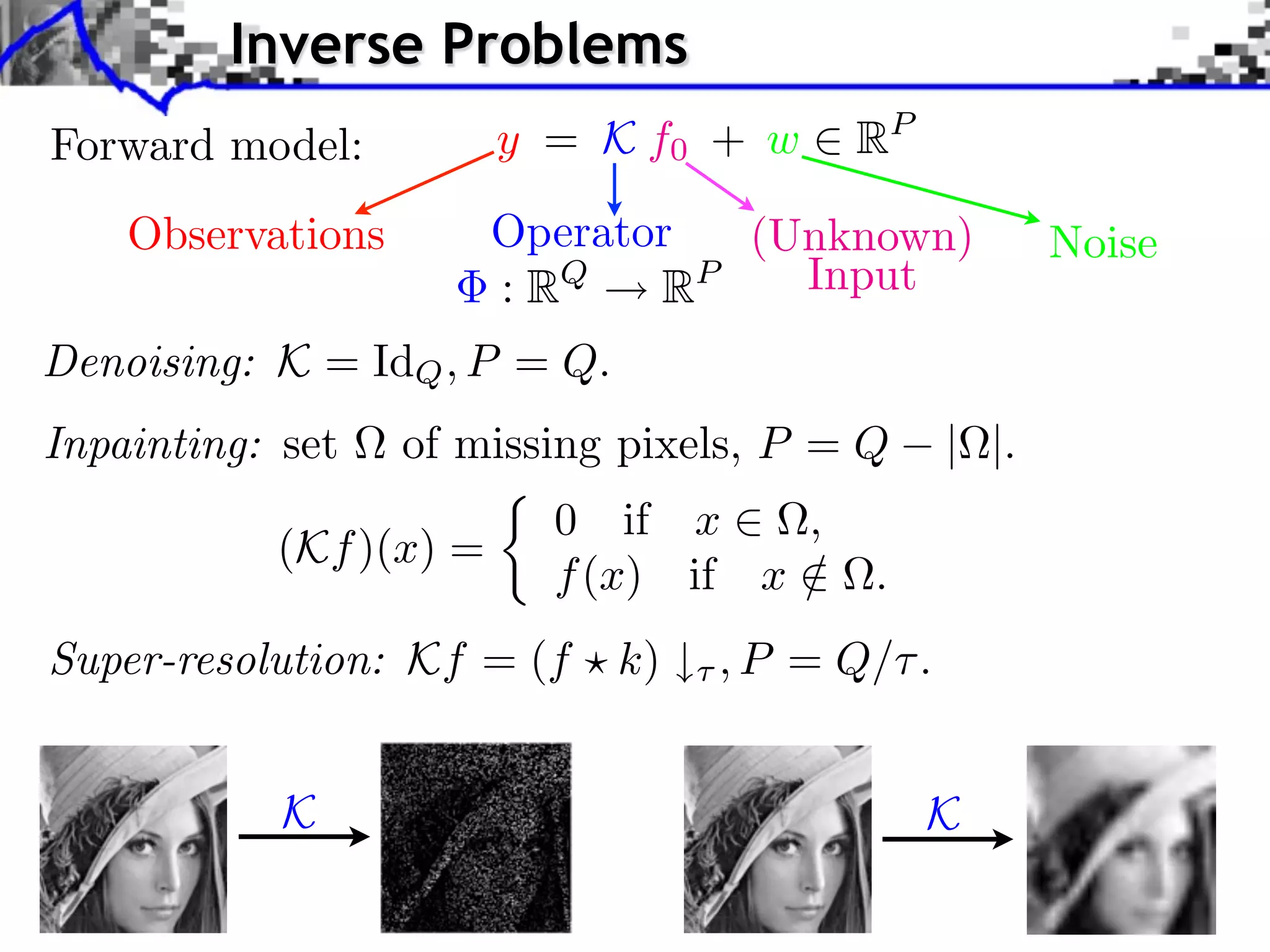Inverse Problems
Forward model:          y = K f0 + w     RP

    Observations        Operator  (Unknown)            Noise
                        : RQ   RP   Input
Denoising: K = IdQ , P = Q.
Inpainting: set    of missing pixels, P = Q     | |.
                          0 if x     ,
           (Kf )(x) =
                          f (x) if x /    .
Super-resolution: Kf = (f     k)   , P = Q/ .


            K                                 K
 