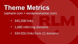 Theme Metrics
(wphackr.com + wordpresshacker.com)

    • 345,508 links
    • 1,680 referring domains
    • 334 EDU links from 11 domains
 