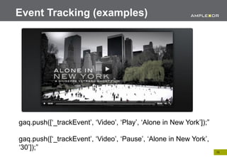 Event Tracking (examples)




gaq.push([‘_trackEvent’, ‘Video’, ‘Play’, ‘Alone in New York’]);”

gaq.push([‘_trackEvent’, ‘Video’, ‘Pause’, ‘Alone in New York’,
‘30’]);”
                                                                    15.
 