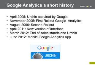 Google Analytics a short history

•   April 2005: Urchin acquired by Google
•   November 2005: First Rollout Google Analytics
•   August 2006: Second Rollout
•   April 2011: New version of interface
•   March 2012: End of sales standalone Urchin
•   June 2012: Mobile Google Analytics App




                                                    3.
 