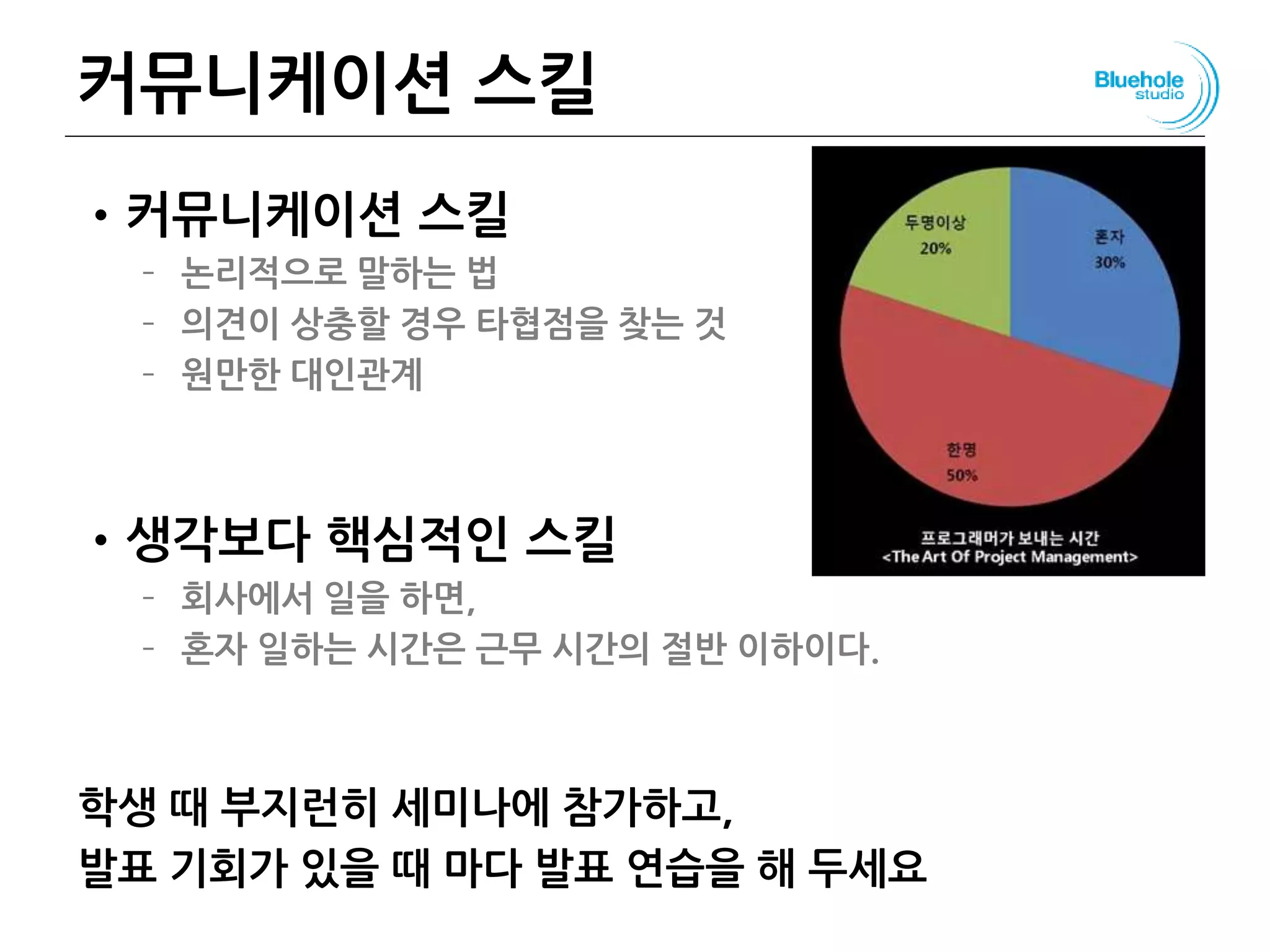 커뮤니케이션 스킬
•커뮤니케이션 스킬
– 논리적으로 말하는 법
– 의견이 상충할 경우 타협점을 찾는 것
– 원만한 대인관계
•생각보다 핵심적인 스킬
– 회사에서 일을 하면,
– 혼자 일하는 시간은 근무 시간의 절반 이하이다.
학생 때 부지런히 세미나에 참가하고,
발표 기회가 있을 때 마다 발표 연습을 해 두세요
147
 