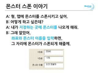 몬스터 스폰 이야기
A: 형, 맵에 몬스터를 스폰시키고 싶어.
B: 어떻게 하고 싶은데?
A: 내가 지정하는 곳에 몬스터를 나오게 해줘.
B: 그래 알았어.
좌표와 몬스터 이름을 입력하면,
그 자리에 몬스터가 스폰되게 해줄께.
128
 