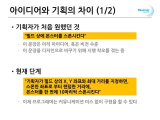 아이디어와 기획의 차이 (1/2)
•기획자가 처음 원했던 것
– 이 문장은 아직 아이디어, 혹은 비전 수준
– 이 문장을 디자인으로 바꾸기 위해 시행 착오를 겪는 중
•현재 단계
– 이제 프로그래머는 커뮤니케이션 미스 없이 구현을 할 수 있다
132
“기획자가 필드 상의 X, Y 좌표와 최대 거리를 지정하면,
스폰한 좌표로 부터 랜덤한 거리에,
몬스터를 한 번에 10마리씩 스폰시킨다”
“필드 상에 몬스터를 스폰시킨다”
 