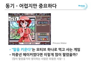 동기 – 어렵지만 중요하다
•“딸을 키운다”는 모티브 하나로 먹고 사는 게임
•미중년 메이커였다면 이렇게 많이 팔렸을까?
(많이 팔렸을거라 생각하는 사람은 위험한 사람…)
65
Princess Maker
 