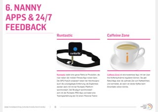 6. NANNY
 APPS & 24/7
 FEEDBACK
                                                                                            Runtastic                                             Caffeine Zone




                                                                                            Runtastic bietet eine ganze Reihe an Produkten, die   Caffeine Zone ist eine kostenlose App, mit der User
                                                                                            man neben der mobilen Fitness-App nutzen kann.        ihre Koffeinaufnahme regulieren können. Sie gibt
                                                                                            Die GPS-Pulsuhr analysiert neben der Herzfreuqenz     Ratschläge über die optimale Zeit zum Kaffeetrinken,
                                                                                            auch die zurückgelegte Entfernung; die Ergebnisse     und vermeldet, ab wann ein letzter Kaffee beim
                                                                                            werden dann mit mit der Runtastic-Plattform           Einschlafen stören könnte.
                                                                                            synchronisiert. Der Brustgurt synchronisiert
                                                                                            sich mit der Runtastic PRO-App und bietet eine
                                                                                            Trainingserfahrung wie mit einem Personal Trainer.




w w w. t r e n d w a t c h i n g . c o m / d e / t r e n d s / m i n i t r e n d s /   18
 