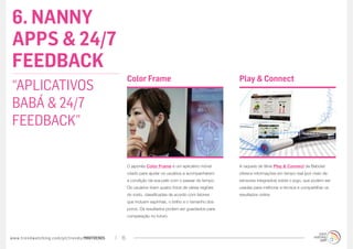 6. NANNY
APPS & 24/7
FEEDBACK
                                                  Color Frame                                        Play & Connect
“APLICATIVOS
BABÁ & 24/7
FEEDBACK”

                                                  O japonês Color Frame é um aplicativo móvel        A raquete de tênis Play & Connect da Babolat
                                                  criado para ajudar os usuários a acompanharem      oferece informações em tempo real (por meio de
                                                  a condição da sua pele com o passar do tempo.      sensores integrados) sobre o jogo, que podem ser
                                                  Os usuários tiram quatro fotos de várias regiões   usadas para melhorar a técnica e compartilhar os
                                                  do rosto, classificadas de acordo com fatores      resultados online.
                                                  que incluem espinhas, o brilho e o tamanho dos
                                                  poros. Os resultados podem ser guardados para
                                                  comparação no futuro.




www.trendwatching.com/pt/trends/MINITRENDs   15
 