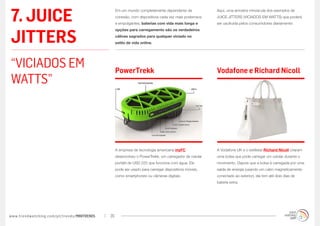 7. JUICE
                                                  Em um mundo completamente dependente da              Aqui, uma amostra minúscula dos exemplos de
                                                  conexão, com dispositivos cada vez mais poderosos    JUICE JITTERS (VICIADOS EM WATTS) que poderá
                                                  e empolgantes, baterias com vida mais longa e        ser usufruída pelos consumidores diariamente:



JITTERS
                                                  opções para carregamento são os verdadeiros
                                                  cálices sagrados para qualquer viciado no
                                                  estilo de vida online.




“VICIADOS EM                                      PowerTrekk                                           Vodafone e Richard Nicoll
WATTS”




                                                  A empresa de tecnologia americana myFC               A Vodafone UK e o estilistar Richard Nicoll criaram
                                                  desenvolveu o PowerTrekk, um carregador de celular   uma bolsa que pode carregar um celular durante o
                                                  portátil de USD 225 que funciona com água. Ele       movimento. Depois que a bolsa é carregada por uma
                                                  pode ser usado para carregar dispositivos móveis,    saída de energia (usando um cabo magneticamente
                                                  como smartphones ou câmeras digitais.                conectado ao exterior), ela tem até dois dias de
                                                                                                       bateria extra.




www.trendwatching.com/pt/trends/MINITRENDs   20
 