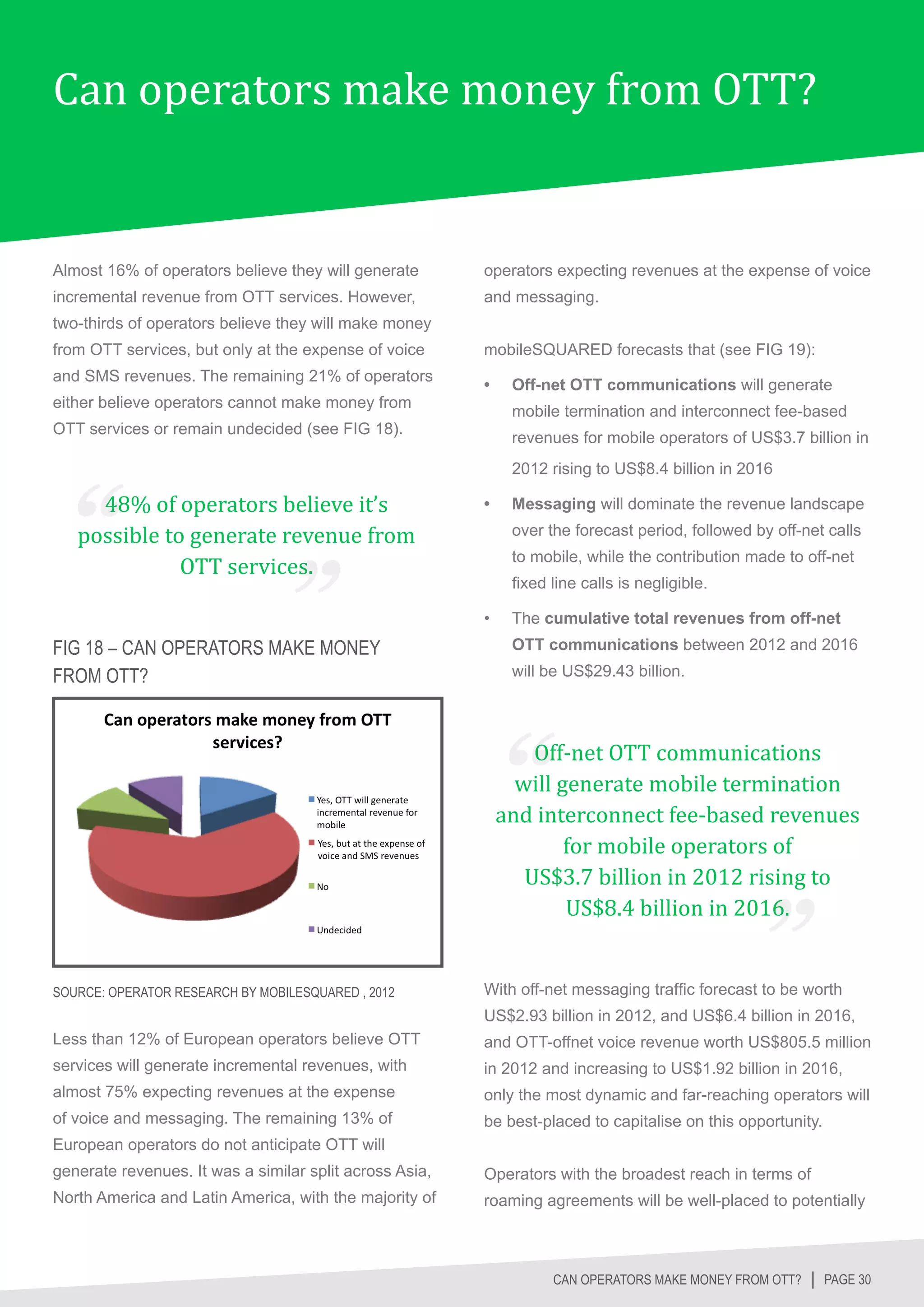 Can operators make money from OTT?


Almost 16% of operators believe they will generate       operators expecting revenues at the expense of voice
incremental revenue from OTT services. However,          and messaging.
two-thirds of operators believe they will make money
from OTT services, but only at the expense of voice      mobileSQUARED forecasts that (see FIG 19):
and SMS revenues. The remaining 21% of operators
                                                         •	    Off-net OTT communications will generate
either believe operators cannot make money from
                                                               mobile termination and interconnect fee-based
OTT services or remain undecided (see FIG 18).
                                                               revenues for mobile operators of US$3.7 billion in



     48% of operators believe it’s
                                                               2012 rising to US$8.4 billion in 2016



   possible to generate revenue from
                                                         •	    Messaging will dominate the revenue landscape


              OTT services.
                                                               over the forecast period, followed by off-net calls
                                                               to mobile, while the contribution made to off-net
                                                               fixed line calls is negligible.

                                                         •	    The cumulative total revenues from off-net
FIG 18 – CAN OPERATORS MAKE MONEY                              OTT communications between 2012 and 2016
FROM OTT?                                                      will be US$29.43 billion.




                                                                  Off-net OTT communications
                                                                will generate mobile termination
                                                              and interconnect fee-based revenues
                                                                      for mobile operators of
                                                                 US$3.7 billion in 2012 rising to
                                                                      US$8.4 billion in 2016.


SOURCE: OPERATOR RESEARCH BY MOBILESQUARED , 2012        With off-net messaging traffic forecast to be worth
                                                         US$2.93 billion in 2012, and US$6.4 billion in 2016,
Less than 12% of European operators believe OTT          and OTT-offnet voice revenue worth US$805.5 million
services will generate incremental revenues, with        in 2012 and increasing to US$1.92 billion in 2016,
almost 75% expecting revenues at the expense             only the most dynamic and far-reaching operators will
of voice and messaging. The remaining 13% of             be best-placed to capitalise on this opportunity.
European operators do not anticipate OTT will
generate revenues. It was a similar split across Asia,   Operators with the broadest reach in terms of
North America and Latin America, with the majority of    roaming agreements will be well-placed to potentially



                                                                     CAN OPERATORS MAKE MONEY FROM OTT? │ PAGE 30
 