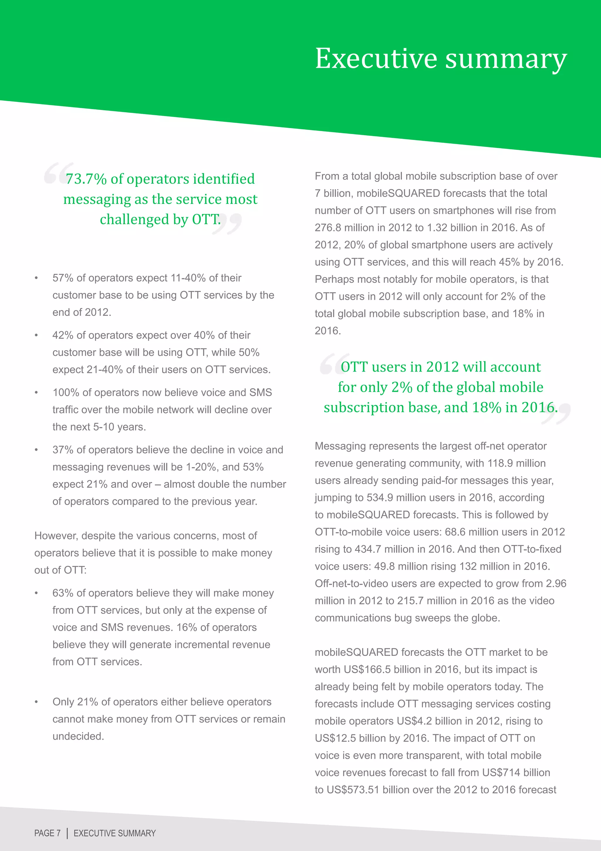 Executive summary


       73.7% of operators identified
       messaging as the service most
                                                         From a total global mobile subscription base of over



           challenged by OTT.
                                                         7 billion, mobileSQUARED forecasts that the total
                                                         number of OTT users on smartphones will rise from
                                                         276.8 million in 2012 to 1.32 billion in 2016. As of
                                                         2012, 20% of global smartphone users are actively
                                                         using OTT services, and this will reach 45% by 2016.
•	   57% of operators expect 11-40% of their             Perhaps most notably for mobile operators, is that
     customer base to be using OTT services by the       OTT users in 2012 will only account for 2% of the
     end of 2012.                                        total global mobile subscription base, and 18% in
                                                         2016.


                                                             OTT users in 2012 will account
•	   42% of operators expect over 40% of their




                                                            for only 2% of the global mobile
     customer base will be using OTT, while 50%
     expect 21-40% of their users on OTT services.


                                                          subscription base, and 18% in 2016.
•	   100% of operators now believe voice and SMS
     traffic over the mobile network will decline over
     the next 5-10 years.

•	   37% of operators believe the decline in voice and   Messaging represents the largest off-net operator
     messaging revenues will be 1-20%, and 53%           revenue generating community, with 118.9 million
     expect 21% and over – almost double the number      users already sending paid-for messages this year,
     of operators compared to the previous year.         jumping to 534.9 million users in 2016, according
                                                         to mobileSQUARED forecasts. This is followed by
However, despite the various concerns, most of           OTT-to-mobile voice users: 68.6 million users in 2012
operators believe that it is possible to make money      rising to 434.7 million in 2016. And then OTT-to-fixed
out of OTT:                                              voice users: 49.8 million rising 132 million in 2016.
                                                         Off-net-to-video users are expected to grow from 2.96
•	   63% of operators believe they will make money
                                                         million in 2012 to 215.7 million in 2016 as the video
     from OTT services, but only at the expense of
                                                         communications bug sweeps the globe.
     voice and SMS revenues. 16% of operators
     believe they will generate incremental revenue
                                                         mobileSQUARED forecasts the OTT market to be
     from OTT services.
                                                         worth US$166.5 billion in 2016, but its impact is
                                                         already being felt by mobile operators today. The
•	   Only 21% of operators either believe operators      forecasts include OTT messaging services costing
     cannot make money from OTT services or remain       mobile operators US$4.2 billion in 2012, rising to
     undecided.                                          US$12.5 billion by 2016. The impact of OTT on
                                                         voice is even more transparent, with total mobile
                                                         voice revenues forecast to fall from US$714 billion
                                                         to US$573.51 billion over the 2012 to 2016 forecast



PAGE 7 │ EXECUTIVE SUMMARY
 